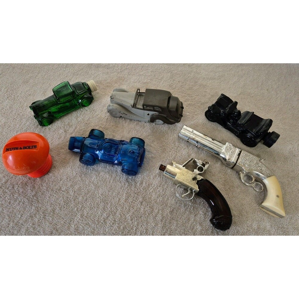 Vintage Avon Figural Cologne Bottle Lot Race Car, Pistols, Nuts & Bolts (2 Full)